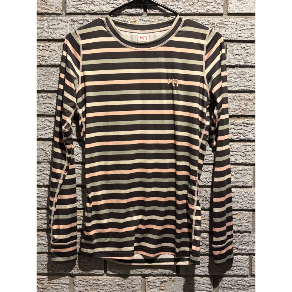Kari Traa Womens Long Sleeve Base Layer Striped Athletic Top Black Pink Green M